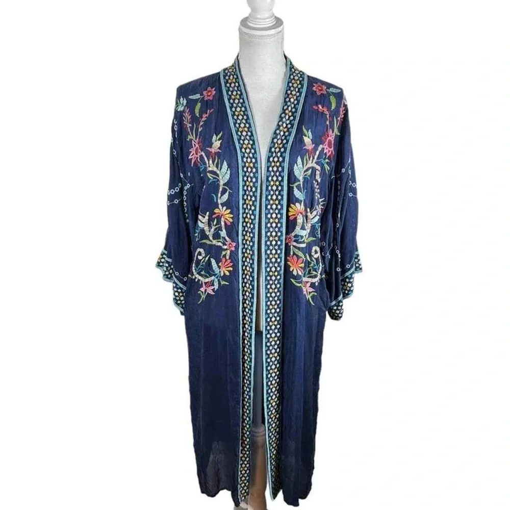 NWT Johnny Was Summer Embroidered Long Navy $345 Kimono PM - Picture 3 of 5